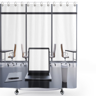 Personality  Front View Of The Workplace In A Modern Panoramic Office With Copy Space In The Windows. Black Tables And Brown Chairs. A Laptop With A White Display, Notepad And A Coffee Cup. 3D Rendering. Shower Curtains