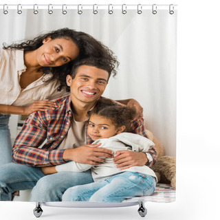 Personality  African American Woman Hugging Husband While Father Hugging Daughter And Looking At Camera  Shower Curtains