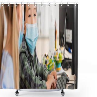 Personality  Website Header Of Asian Schoolboy In Medical Mask Using Computer Near Classmate In Classroom  Shower Curtains
