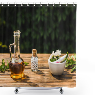 Personality  Glass Bottle With Pills Near Flowers In Mortar Near Pestle On Wooden Table  Shower Curtains