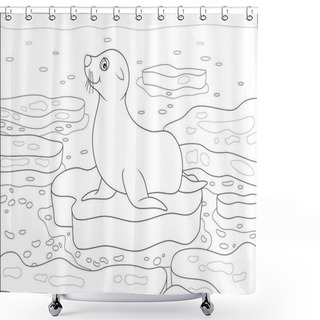 Personality  Seal On A Drifting Ice Floe In A Polar Sea, Black And White Vector Illustration In A Cartoon Style For A Coloring Book Shower Curtains
