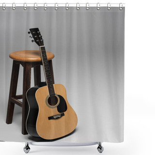 Personality  Acoustic Guitar Standing Near Brown Wooden Chair On Grey Background With Copy Space  Shower Curtains