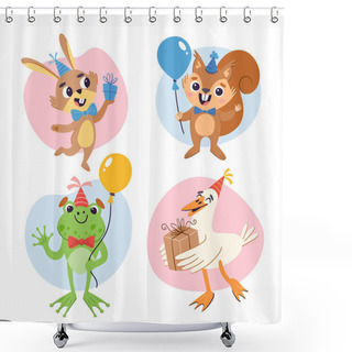 Personality  Birthday Animal Set. Cartoon Cute Animals With Gifts, Balloons And Party Hats. Colorful Stickers, Isolated On White Background. A Rabbit, A Squirrel, A Frog And A Duck. Shower Curtains
