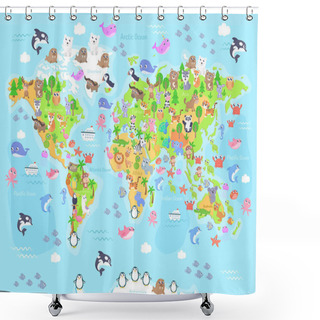 Personality  Vector Illustration Of World Map With Animals For Kids. Flat Design. Shower Curtains