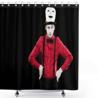 Personality  Grimacing Mime With Hands Akimbo And Mask On Hat Isolated On Black Shower Curtains