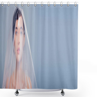 Personality  Panoramic Shot Of Model Covered With Polyethylene Looking At Camera Isolated On Grey, Ecology Concept Shower Curtains