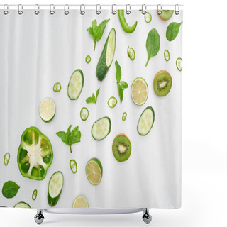 Personality   Top View Of Fresh Cucumbers, Kiwi, Limes, Peppers And Greenery  Shower Curtains
