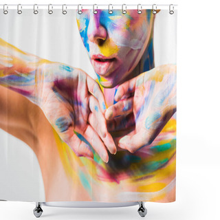 Personality  Cropped Image Of Woman With Bright Colorful Bright Body Art Isolated On White  Shower Curtains