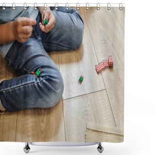 Personality  Cropped View Of Boy Sitting In Jeans On Floor, Playing With Montessori Beads Material, Game Shower Curtains