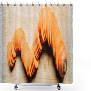 Personality  Top View Of Fresh Ripe Carrot Slices On Wooden Cutting Board On Concrete Surface, Panoramic Crop Shower Curtains