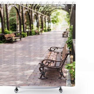 Personality  Selective Focus Of Wooden Bench Near Green Leaves And Walkway  Shower Curtains
