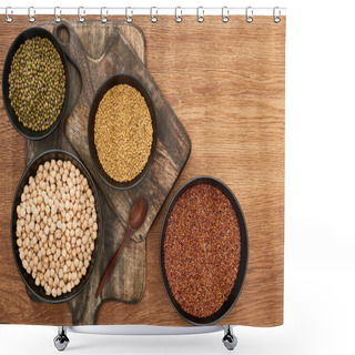 Personality  Top View Of Bowls With Moong Beans, Buckwheat And Chickpea Near Spoon On Wooden Cutting Boards Shower Curtains