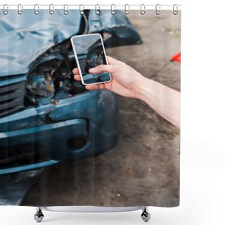 Personality  Cropped View Of Man Holding Smartphone With Blank Screen Near Damaged Car  Shower Curtains