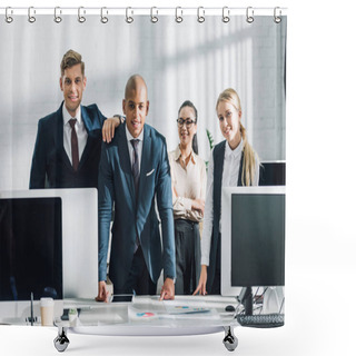 Personality  Professional Young Multiethnic Business People Standing Together And Smiling At Camera In Office Shower Curtains