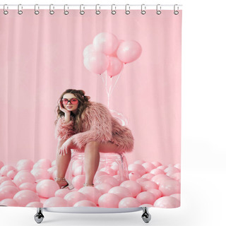 Personality  Confident Fashion Woman Sitting On Chair Posing On Many Pink Balloons Background Shower Curtains