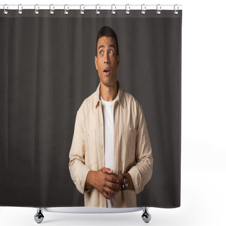 Personality  Shocked Handsome Mixed Race Man In Beige Shirt Looking Away On Black Background Shower Curtains
