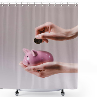 Personality  Cropped Shot Of Woman Putting 50 Euro Cent Into Pink Piggy Bank In Hand Isolated On Lilac Shower Curtains