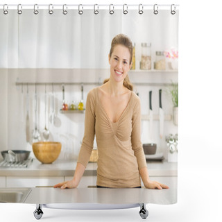 Personality  Portrait Of Smiling Young Housewife In Modern Kitchen Shower Curtains