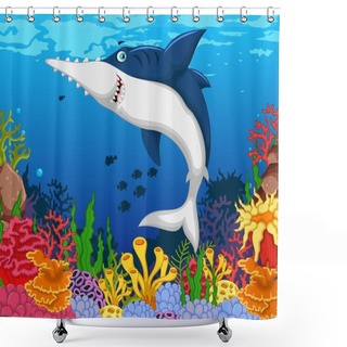 Personality  Funny Shark Saws Cartoon With Beauty Sea Life Background Shower Curtains
