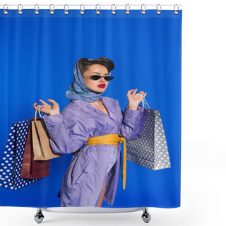 Personality  Portrait Of Stylish Woman In Retro Clothing With Shopping Bags Isolated On Blue Shower Curtains
