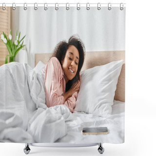 Personality  Curly African American Woman In Pajamas Peacefully Reclines On A Bed With White Sheets In A Cozy Bedroom. Shower Curtains