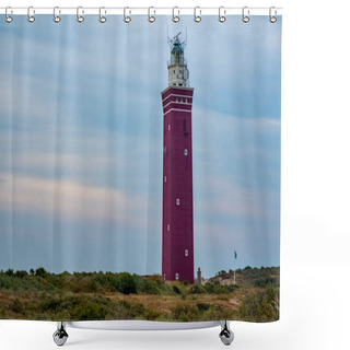 Personality  This Image Showcases A Striking Red Lighthouse Towering Over A Coastal Landscape. The Lighthouses Vibrant Color Contrasts With The Muted Tones Of The Surrounding Vegetation And Overcast Sky. The Shower Curtains