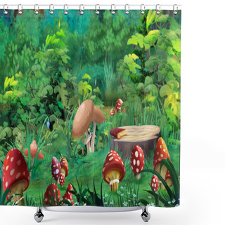 Personality  Amanita Mushrooms In A Forest Glade Shower Curtains
