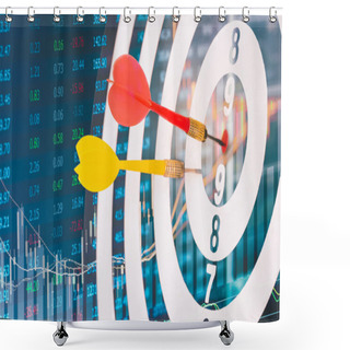Personality  Target Dart With Target Arrows On The Stock Market Background And Dartboard Is The Target And Goal Abstract Background To Target Marketing Or Target Arrow Or Target Business Concept . Shower Curtains