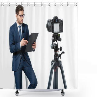 Personality  News Anchor Pointing At Clipboard While Sitting On High Stool Near Digital Camera On Blurred Foreground Isolated On White Shower Curtains