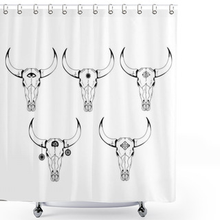 Personality  Vector Illustration.Year Of The Bull 2021.Bull Cow Skull With Symbols On The Forehead And Horns.Boho Style. Shower Curtains