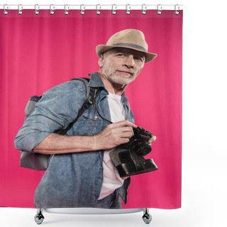 Personality  Man With Retro Photo Camera Shower Curtains
