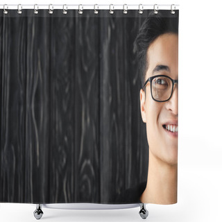 Personality  Cropped View Of Smiling Asian Man In Glasses Looking Away On Wooden Background  Shower Curtains