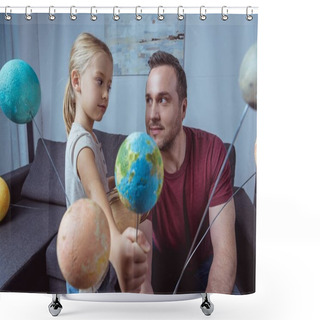 Personality  Girl Showing Father Model Of Earth   Shower Curtains