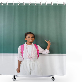 Personality  African American Schoolgirl Pointing With Finger At Chalkboard In Classroom  Shower Curtains