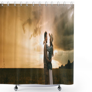 Personality  Beautiful Couple Embracing On Meadow At Sunset Shower Curtains