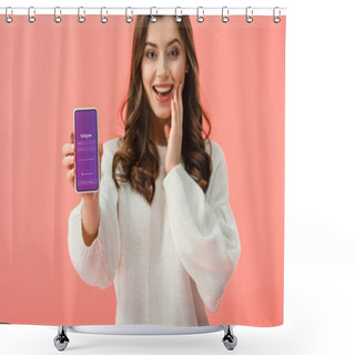 Personality  Selective Focus Of Woman In White Sweater Holding Smartphone With Instagram App On Screen Isolated On Pink  Shower Curtains