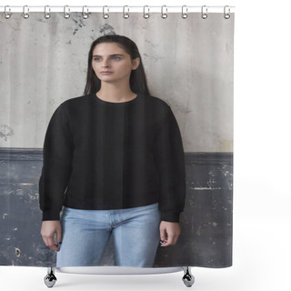 Personality  Young Hipster Girl Wearing Blank Black Cotton Sweatshirt With Copy Space For Your Design Or Logo, Mock-up Of Purple Template Womens Hoodie, Grey Wall In The Background Shower Curtains