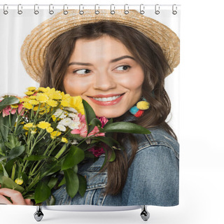 Personality  Happy Boho Girl In Straw Hat Holding Flowers Isolated On White Shower Curtains