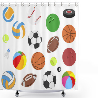 Personality  Set Of Vector Realistic Sport Balls For Football, Soccer, Rugby, Tennis, Volleyball, Basketball, Baseball, Volleyball, American Football, Badminton, Gulf, Hockey Puck Isolated On Background. Shower Curtains