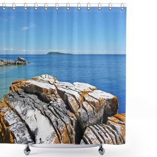 Personality  Rocky Coast With Island Horizon Shower Curtains