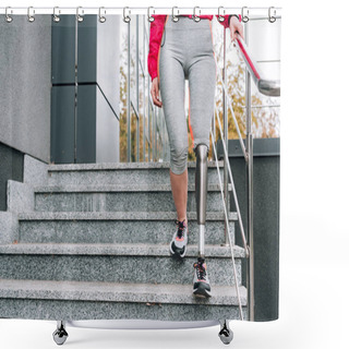 Personality  Cropped View Of Disabled Sportswoman With Prosthesis On Stairs  Shower Curtains