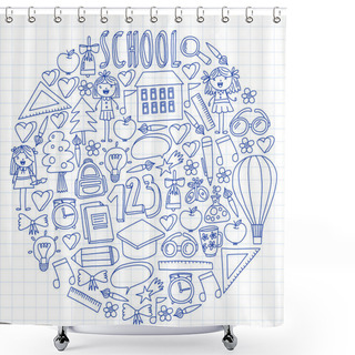 Personality  CVector Set Of Back To School Icons In Doodle Style. Painted, Colorful, Pictures On A Piece Of Paper On White Background. Drawing By Pen On Squared Notebook. Shower Curtains