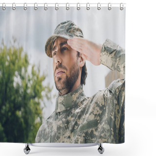Personality  Portrait Of Confident Soldier In Military Uniform With Cloudy Sky On Background Shower Curtains