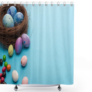 Personality  Nest With Easter Eggs And Colorful Candies On Blue Background Shower Curtains