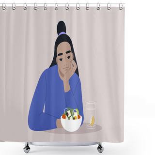Personality  A Young Asian Character Eating A Vegan Salad, Lunch Break Concept Shower Curtains