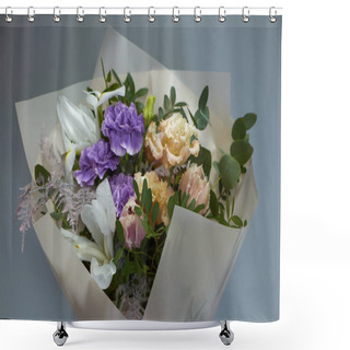 Personality  Beautiful Bridal Bouquet In Vintage Style, Light Gray Background, Selective Focus Shower Curtains