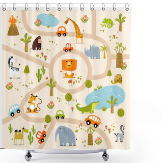 Personality  Print. Vector Tropical Maze With Animals In Safari Park. Cartoon Tropical Animals. African Animals. Road In A Safari Park. Game For Children. Children's Play Mat. Shower Curtains