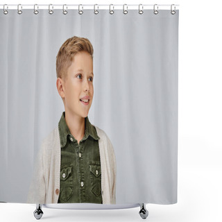 Personality  Joyful Little Boy In Warm Casual Cardigan Smiling And Looking Away On Gray Backdrop, Fashion Concept Shower Curtains