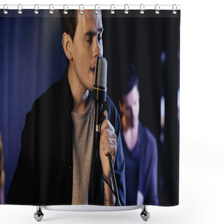 Personality  Tattooed Man Singing In Microphone Near Blurred Musician On Stage Shower Curtains