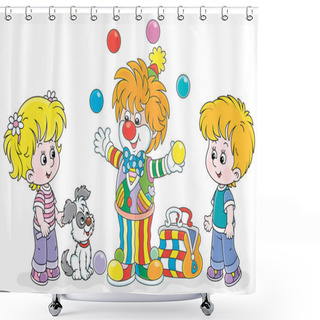 Personality  Friendly Smiling Circus Clown Showing Trick And Juggling With Colorful Balls For Little Kids And Their Small Pup, Vector Cartoon Illustration Isolated On A White Background Shower Curtains